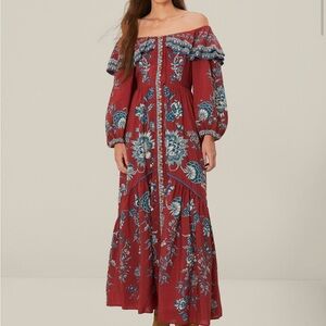 NWT Farm Rio Red Tropical Landing Off Shoulder Maxi Dress